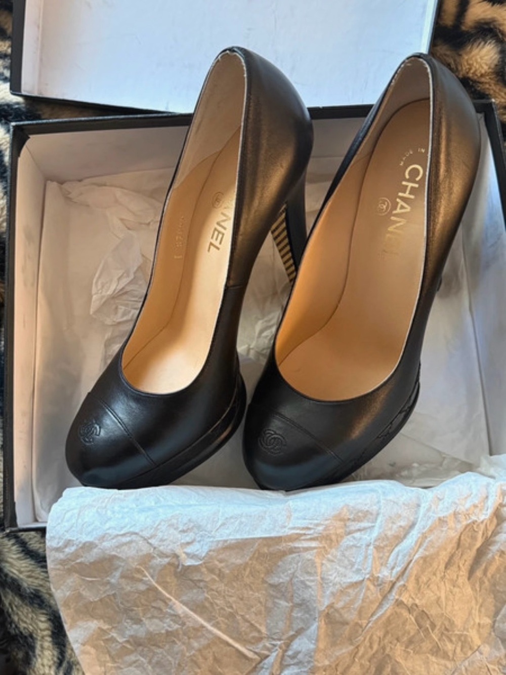 CHANEL Black Leather CC Logo Cap Toe High Heel Pumps